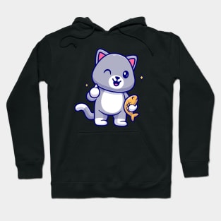 Cute Cat Holding Fish With Thumb Up Cartoon Hoodie